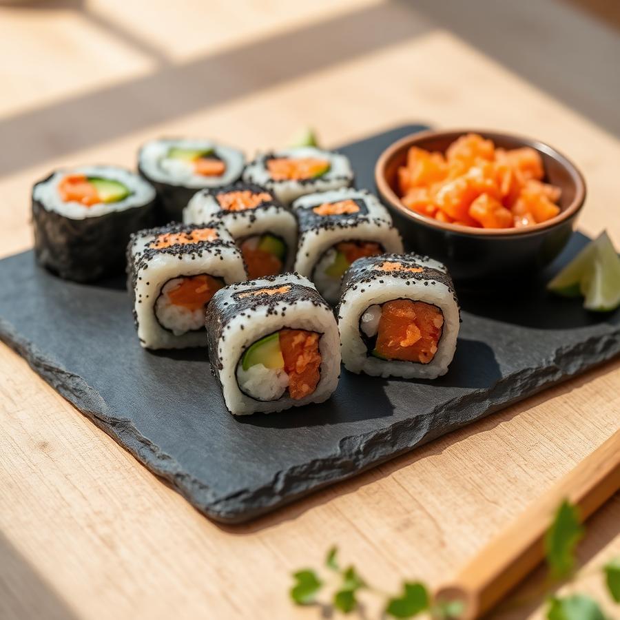 Freshly made sushi on a slate board