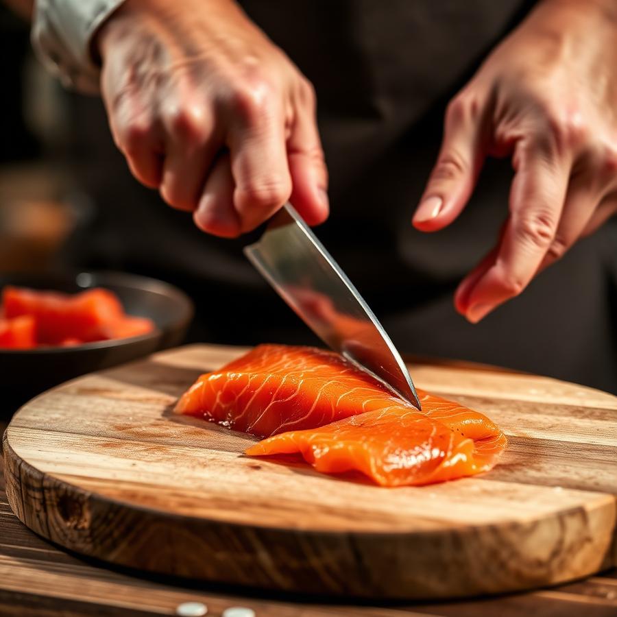 Smoked salmon being sliced by hand