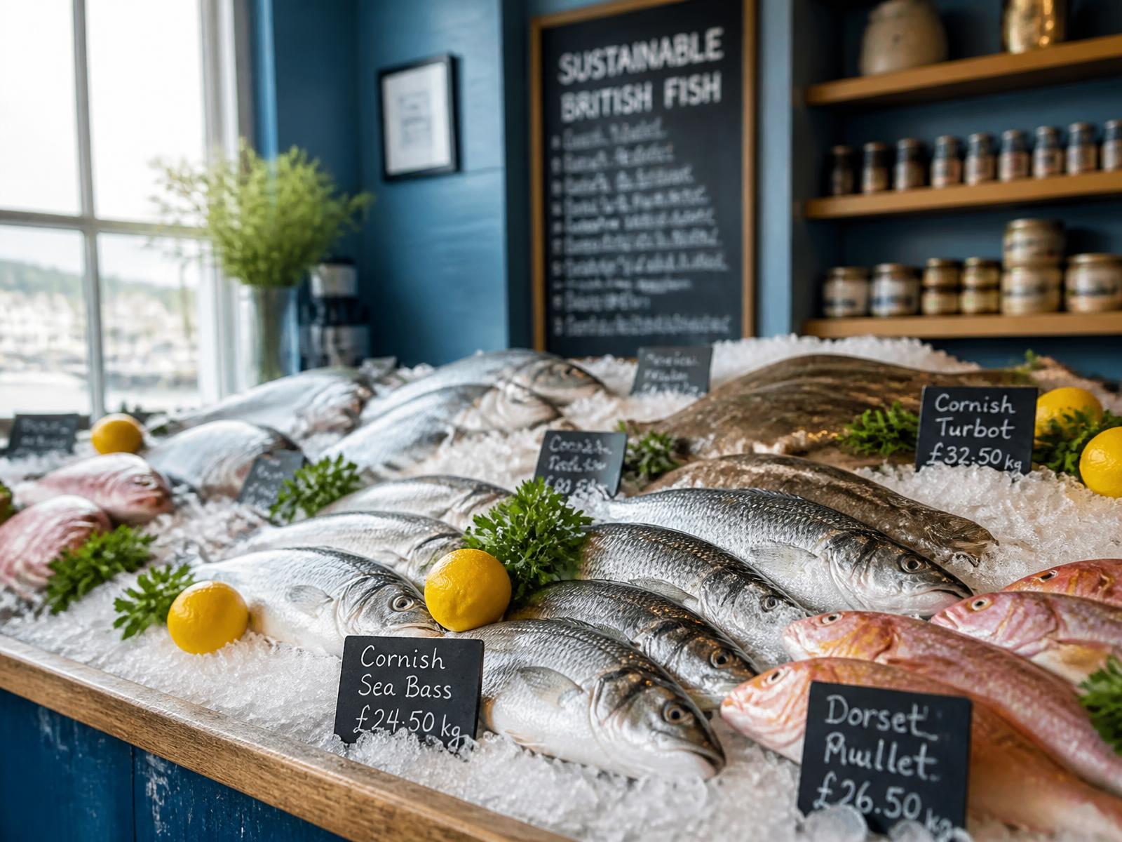 Fresh fish displayed on ice at the counter